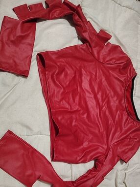 Red Faux Leather Cutout Long Sleeve Crop Top